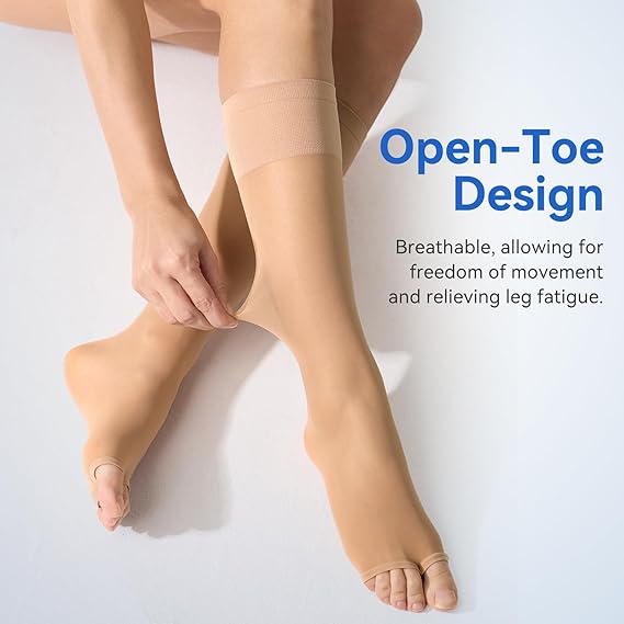 3 Pairs Open Toe Support Socks for Women Knee High Stockings 40D Nylons