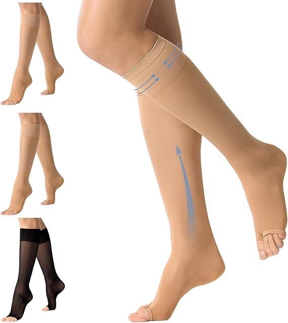3 Pairs Open Toe Support Socks for Women Knee High Stockings 40D Nylons