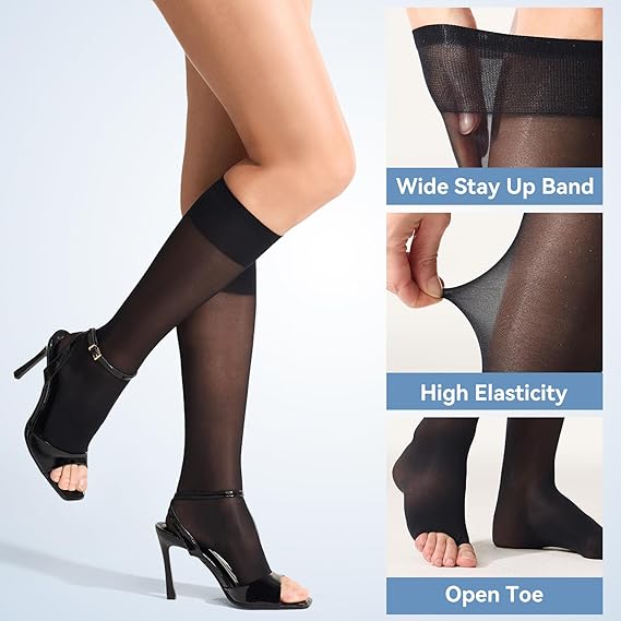 3 Pairs Open Toe Support Socks for Women Knee High Stockings 40D Nylons